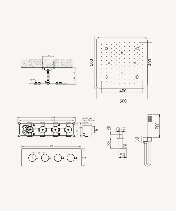 Composition de douche thermostatique encastré plafond à LED