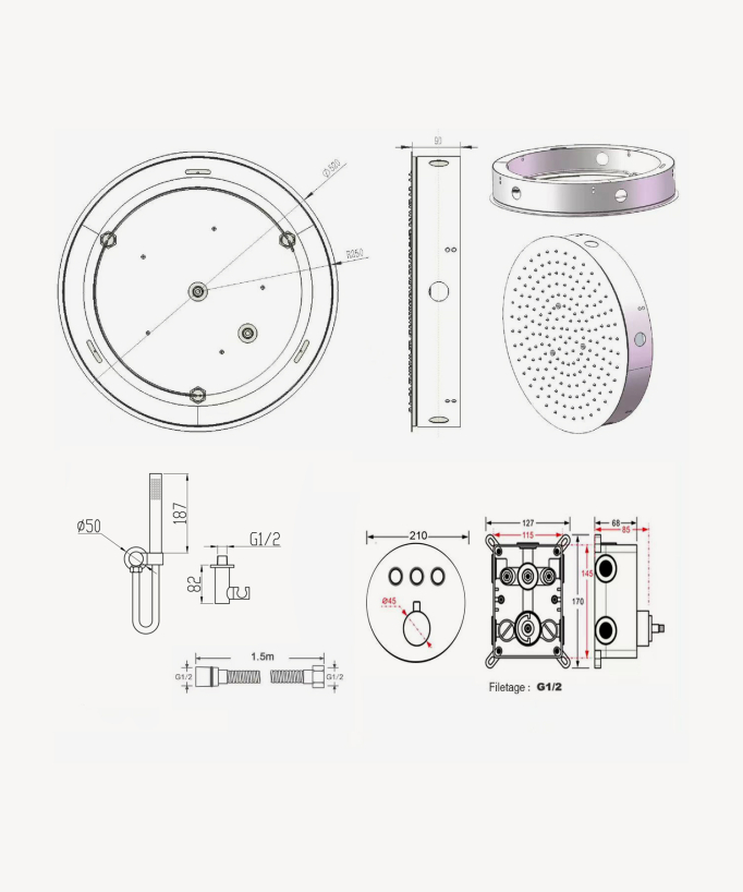 Pack douche thermostatique avec pommeau rond encastré