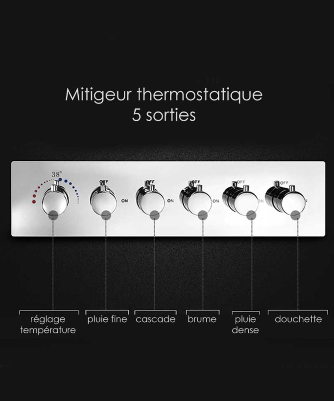 Composition de douche thermostatique avec ciel de pluie LED et chromothérapie - 80x60 cm - Doré brossé