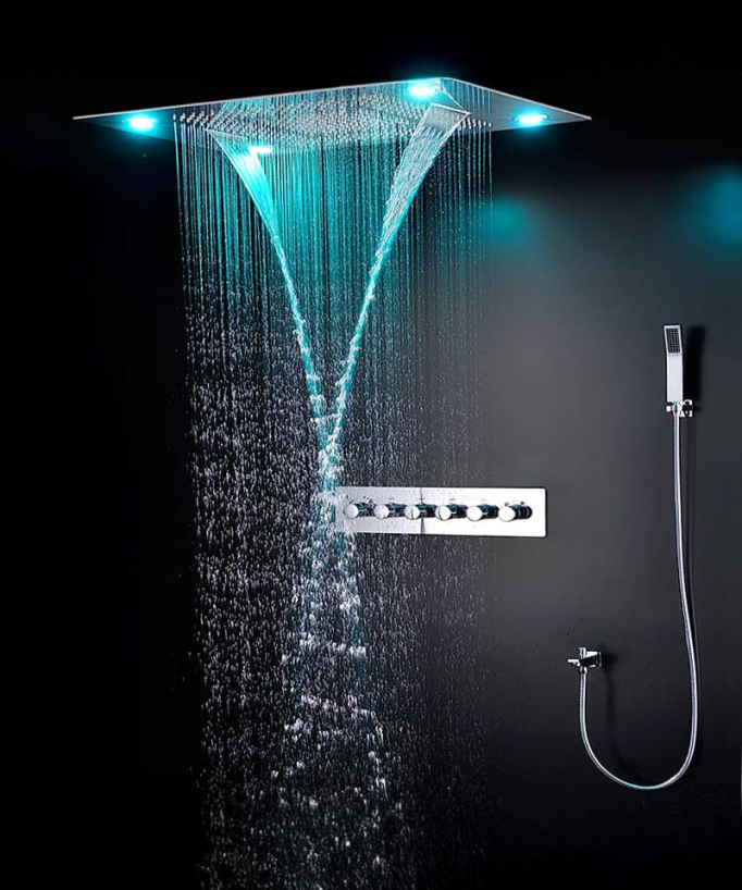 Composition de douche thermostatique avec ciel de pluie LED et chromothérapie - 80x60 cm