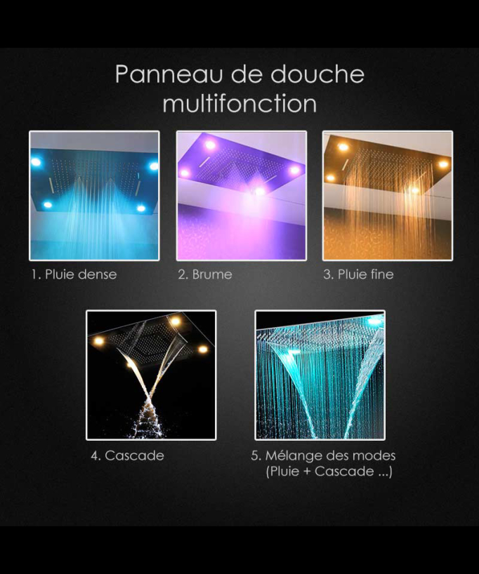 Composition de douche thermostatique avec ciel de pluie LED et chromothérapie - 80x60 cm - Doré brossé