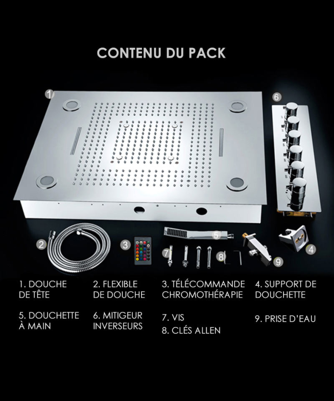 Composition de douche thermostatique avec ciel de pluie LED et chromothérapie - 80x60 cm