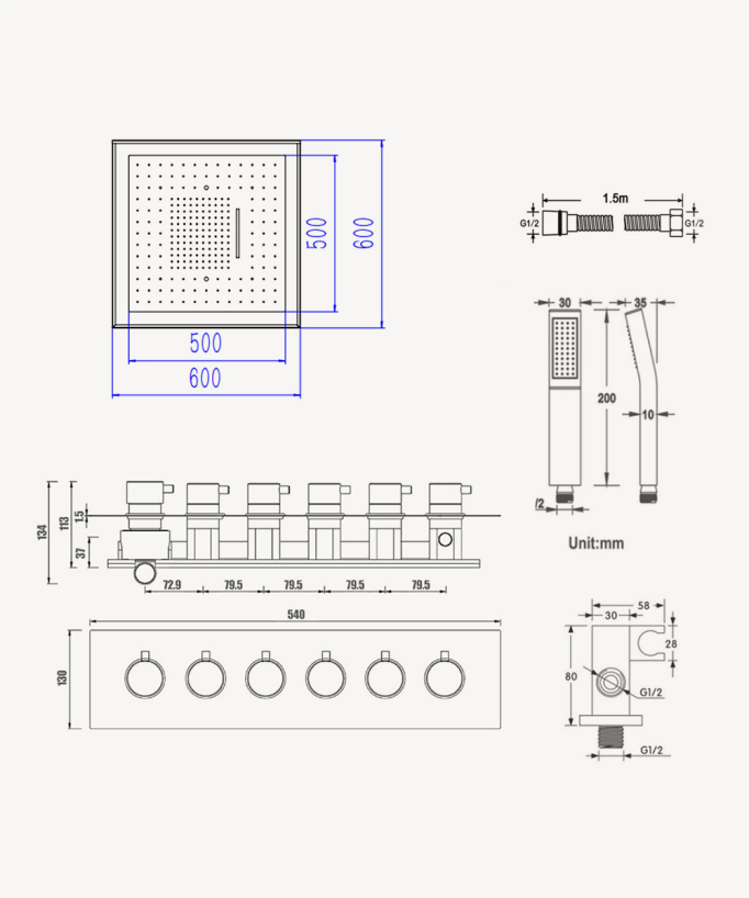 Pack mitigeur thermostatique de douche Wellness à LED - Sirius
