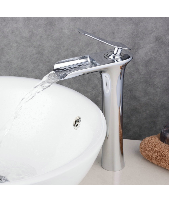 Robinet pour vasque Cascade Mitigeur Chromé En Laiton Carré Mono Levier de Commande surélevé