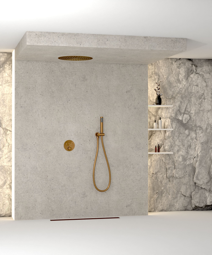 Pack douche thermostatique avec pommeau encastré rond - Or rose brossé