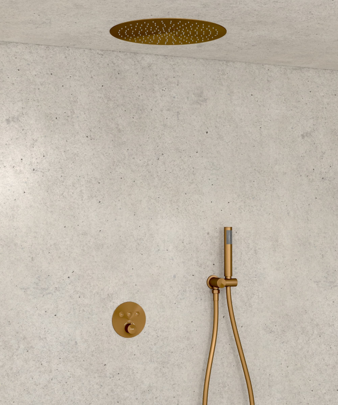 Pack douche thermostatique avec pommeau encastré rond - Or rose brossé