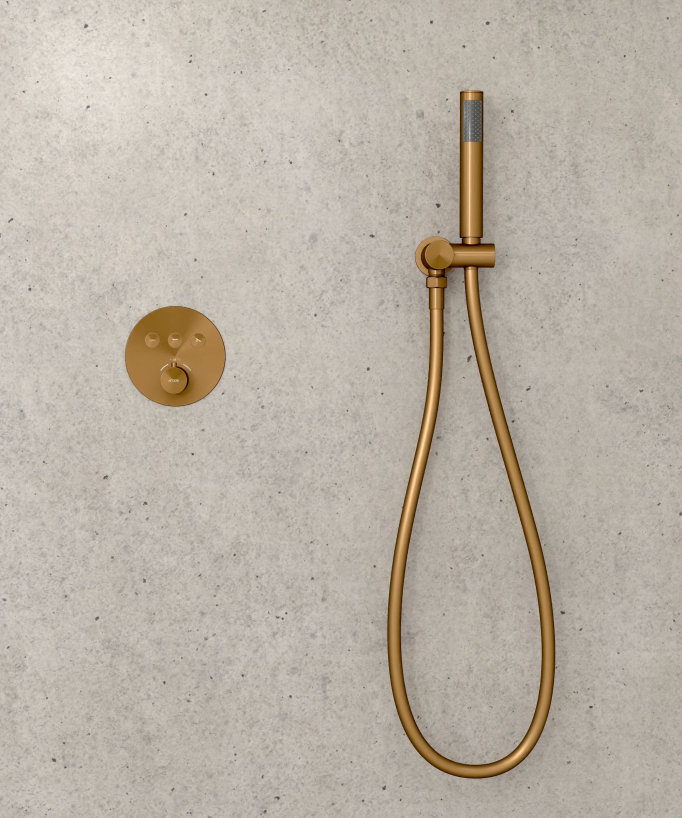 Pack douche thermostatique avec pommeau encastré rond - Or rose brossé