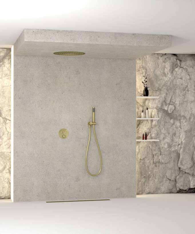 Pack douche thermostatique avec pommeau encastré rond - Doré brossé