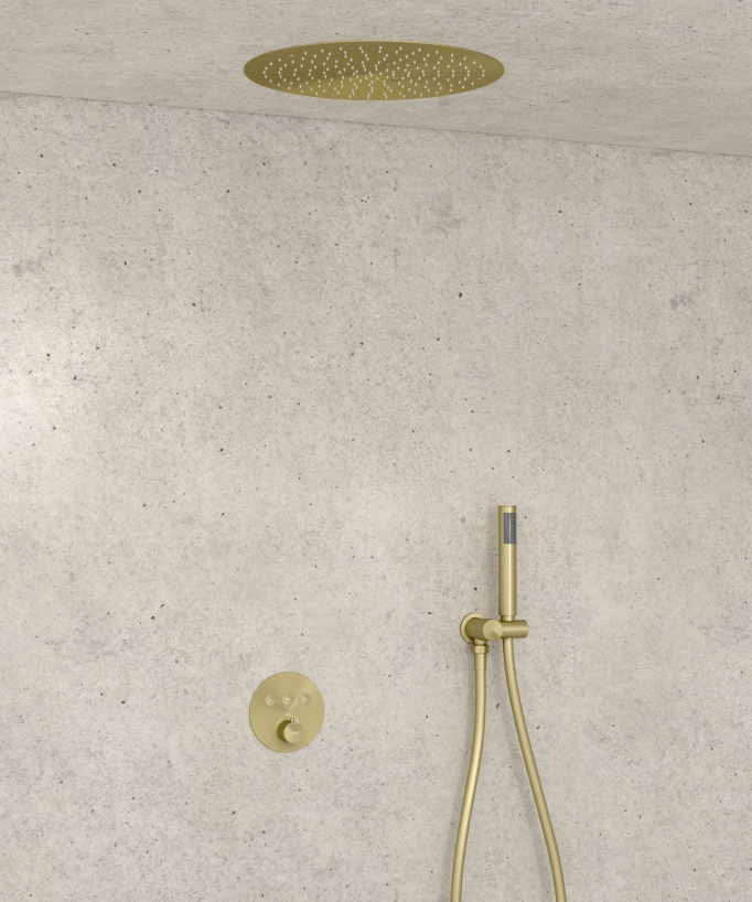 Pack douche thermostatique avec pommeau encastré rond - Doré brossé