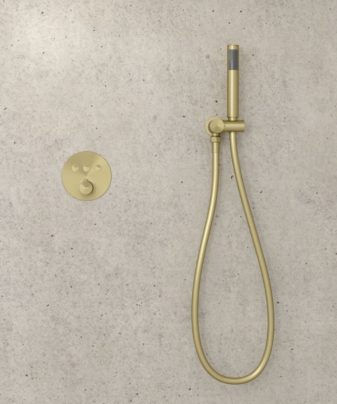 Pack douche thermostatique avec pommeau encastré rond - Doré brossé