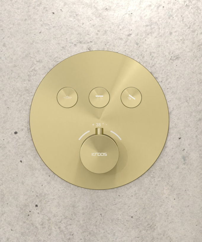 Pack douche thermostatique avec pommeau encastré rond - Doré brossé