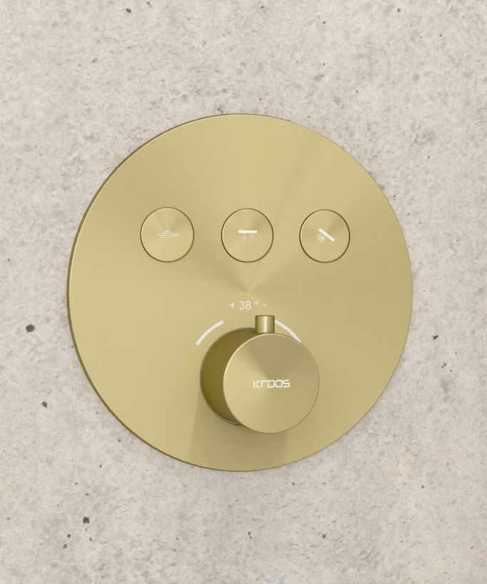 Pack douche thermostatique avec pommeau encastré rond - Doré brossé