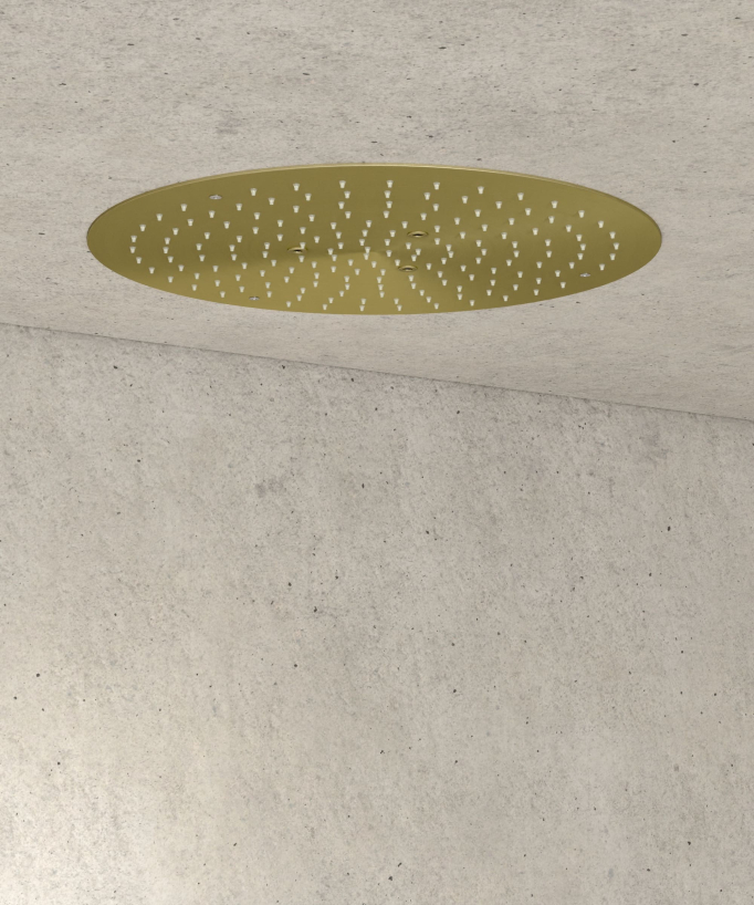 Pack douche thermostatique avec pommeau encastré rond - Doré brossé