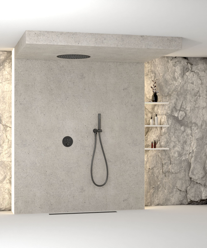 Pack douche thermostatique avec pommeau encastré rond - Gun métal