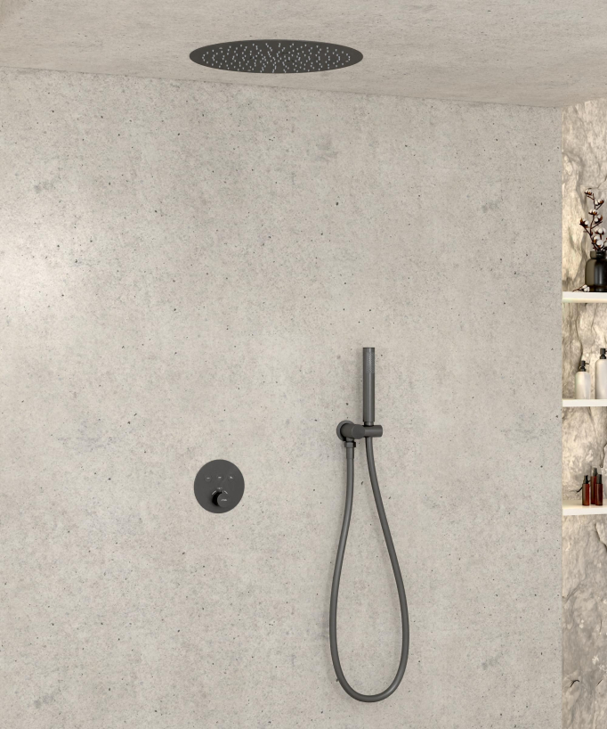 Pack douche thermostatique avec pommeau encastré rond - Gun métal