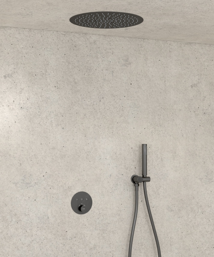 Pack douche thermostatique avec pommeau encastré rond - Gun métal
