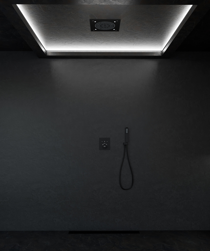 Pack douche thermostatique avec pommeau pluie LED encastré plafond Noir - Sirius