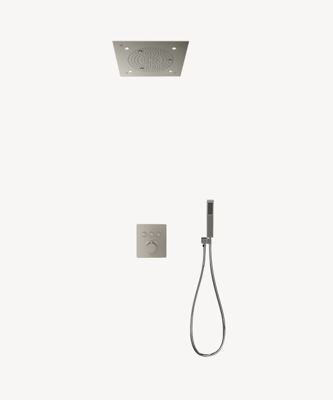 Pack douche thermostatique avec pommeau pluie LED encastré plafond Nickel brossé - Sirius