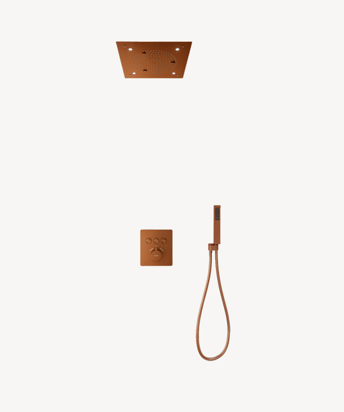 Pack douche thermostatique avec pommeau pluie LED encastré plafond Or rose brossé - Sirius