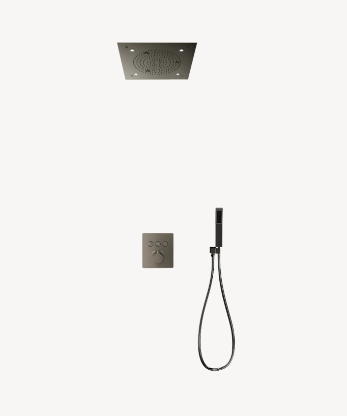 Pack douche thermostatique avec pommeau pluie LED encastré plafond Gun métal - Sirius