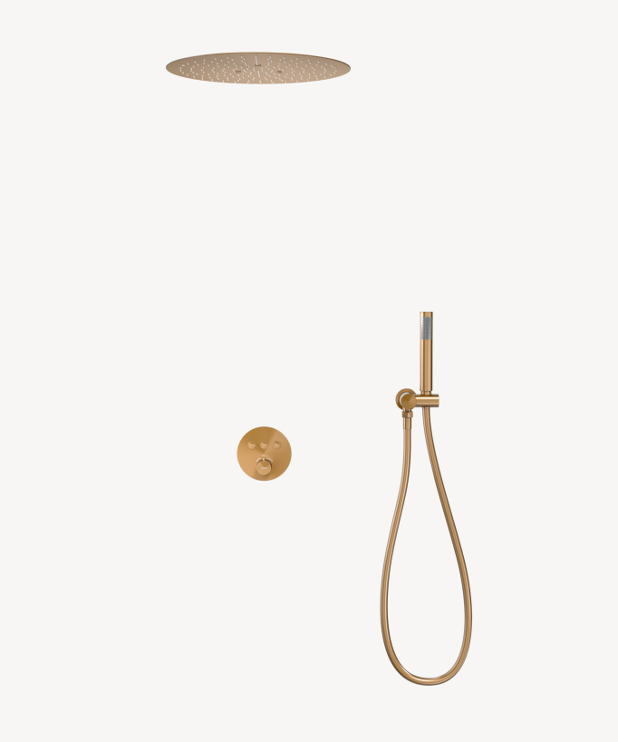 Pack douche thermostatique avec pommeau encastré rond - Or rose