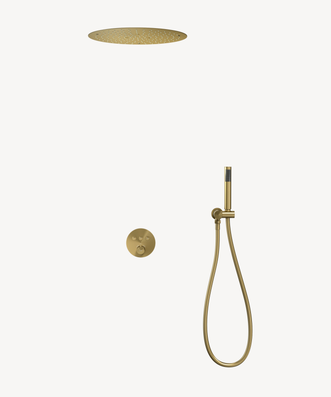 Pack douche thermostatique avec pommeau rond encastré  - Doré