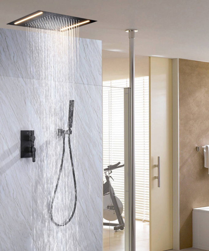 Système de douche pluie encastrable noir mat - Éclairage LED