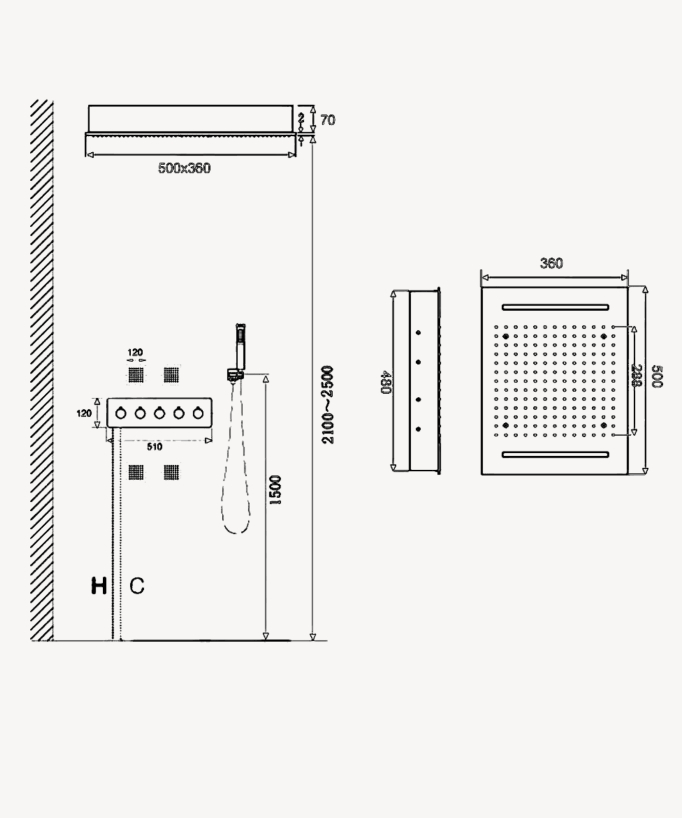Kit de douche thermostatique encastrable au plafond chromé avec LED et jet massant