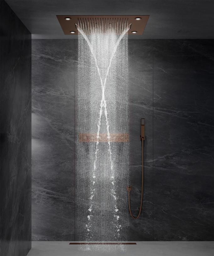 Composition de douche thermostatique avec ciel de pluie LED et chromothérapie - 80x60 cm - Or rose brossé