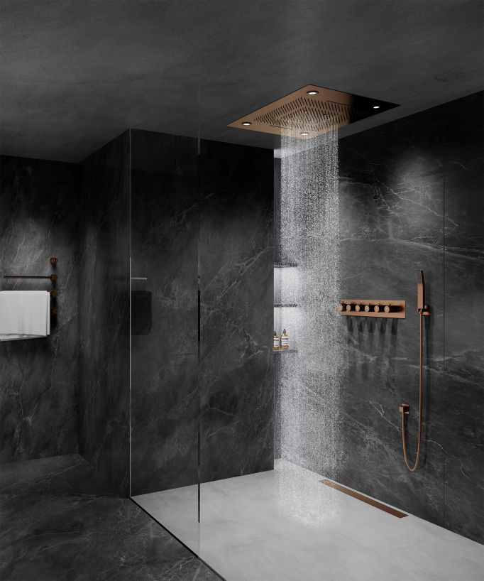 Composition de douche thermostatique avec ciel de pluie LED et chromothérapie - 80x60 cm