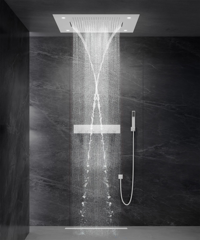 Composition de douche thermostatique avec ciel de pluie LED et chromothérapie - 80x60 cm - Blanc