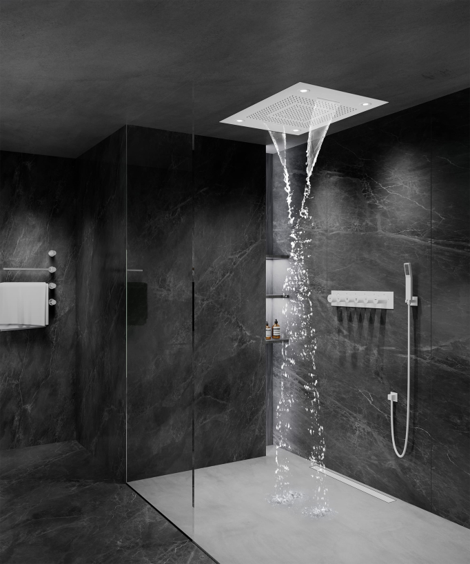 Composition de douche thermostatique avec ciel de pluie LED et chromothérapie - 80x60 cm