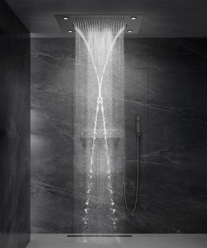 Composition de douche thermostatique avec ciel de pluie LED et chromothérapie - 80x60 cm - Gun métal