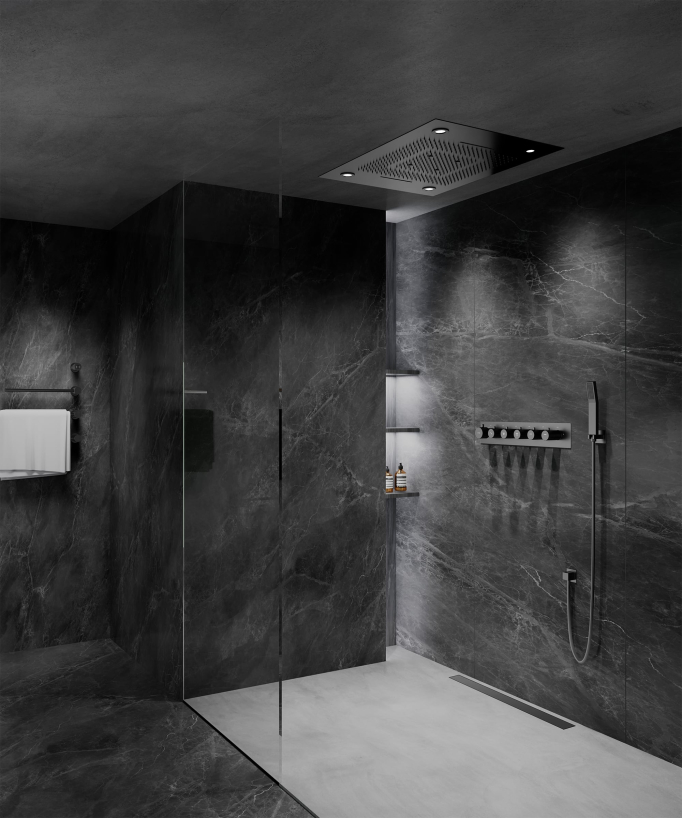 Composition de douche thermostatique avec ciel de pluie LED et chromothérapie - 80x60 cm
