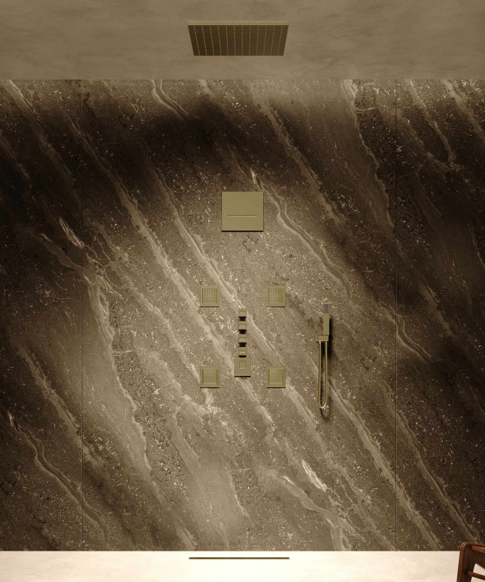 Composition de douche thermostatique ciel de pluie Wellness avec body jets Doré brossé -Sirius