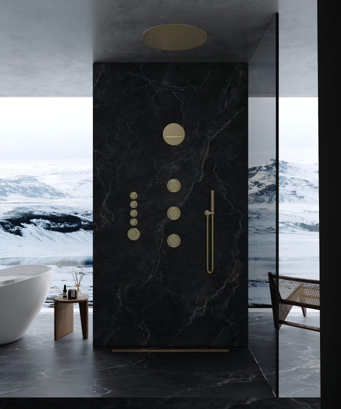 Composition de douche thermostatique ciel de pluie rond Wellness avec body jets - Corbeau
