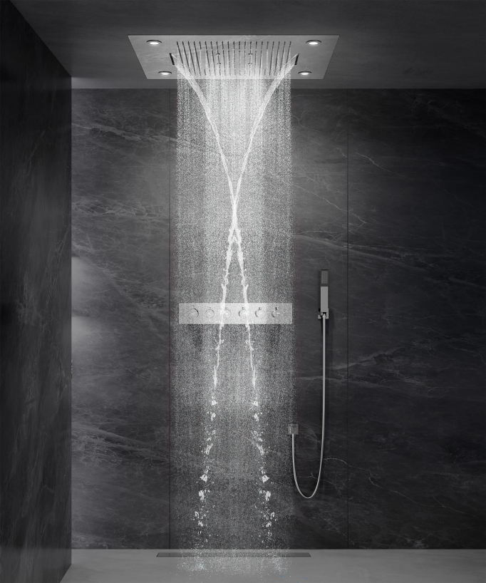 Composition de douche thermostatique avec ciel de pluie LED et chromothérapie - 80x60 cm