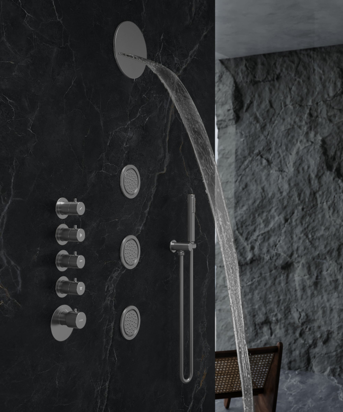 Composition de douche thermostatique ciel de pluie rond Wellness avec body jets - Corbeau
