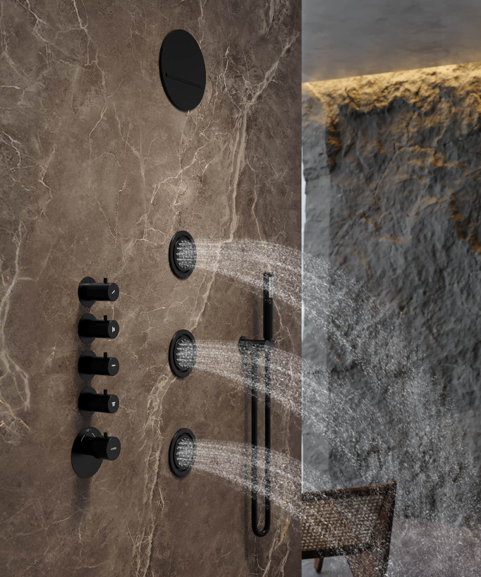 Composition de douche thermostatique ciel de pluie rond Wellness avec body jets - Corbeau