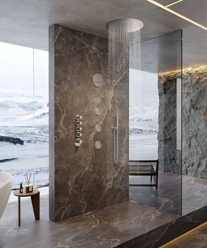 Composition de douche thermostatique ciel de pluie rond Wellness avec body jets - Corbeau