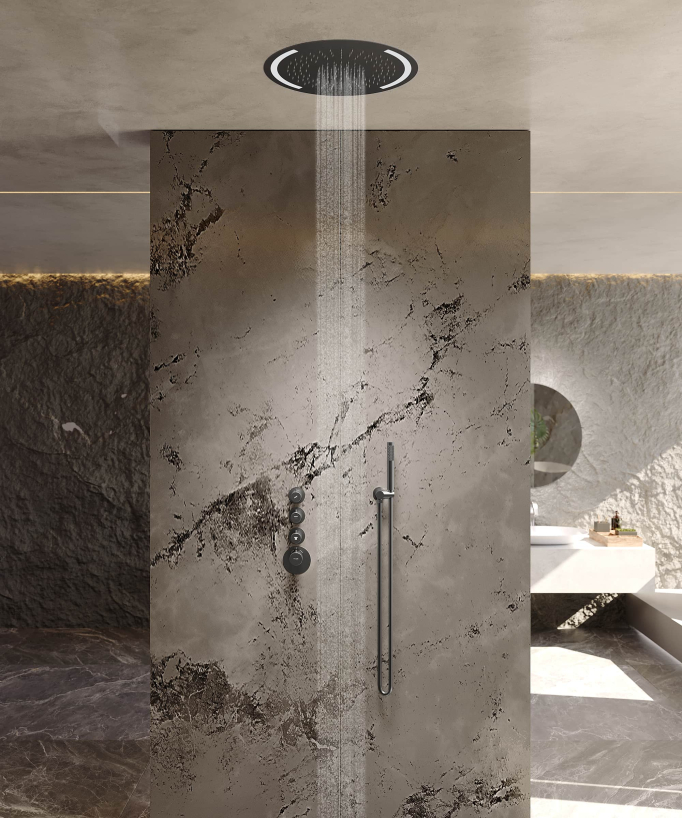 Pack de douche thermostatique avec ciel de pluie rond à LED - Corbeau