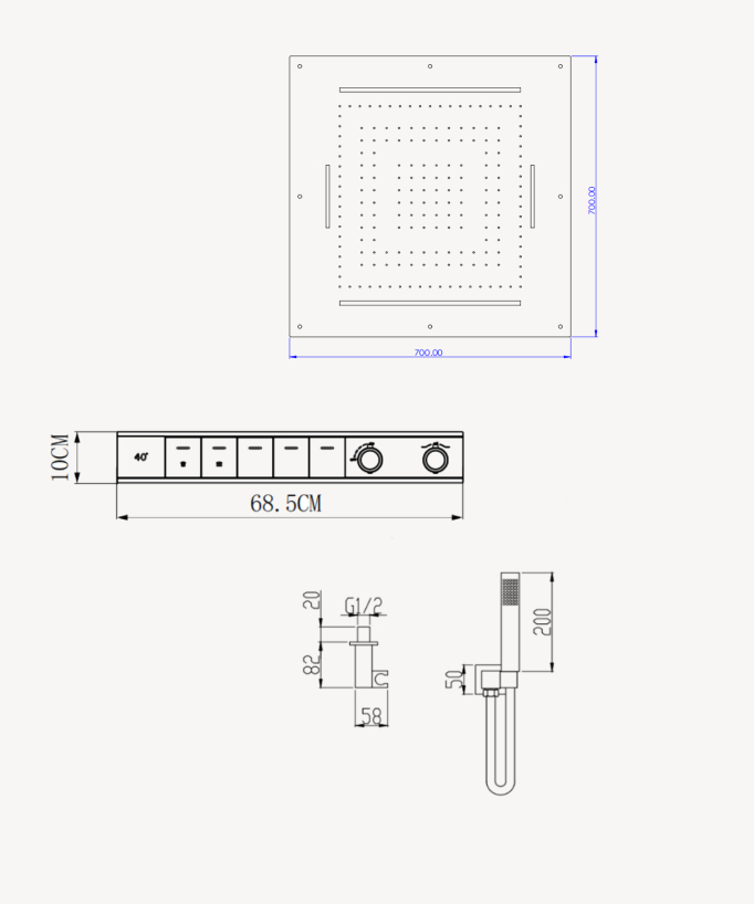 Pack de douche thermostatique, ciel de puie multi-fonction 70x70 cm à LED