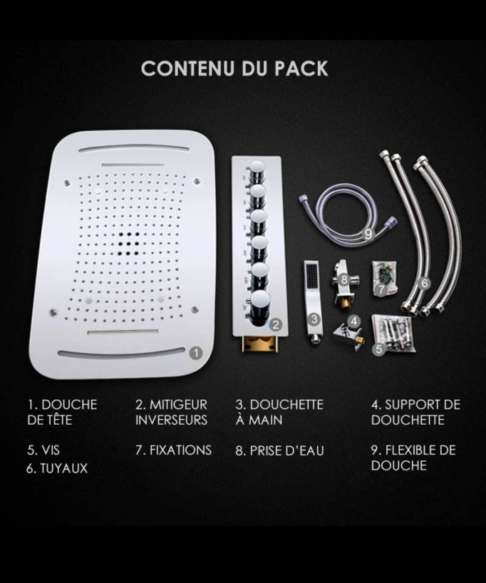 Composition de douche thermostatique avec chromotherapie - ciel de pluie 71x43 cm