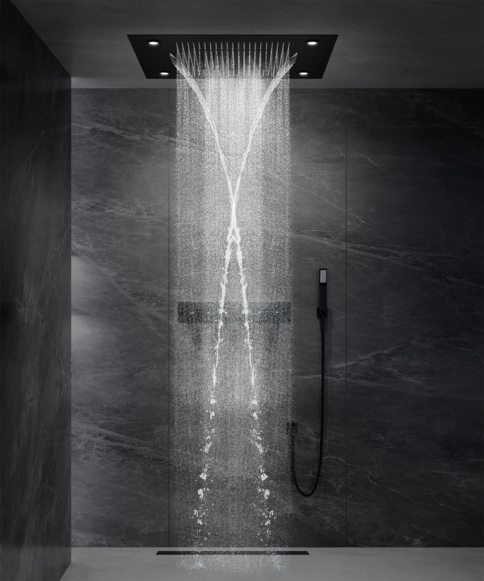 Composition de douche thermostatique avec ciel de pluie LED et chromothérapie - 80x60 cm - Noir