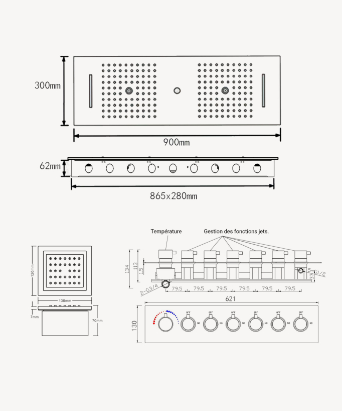 Ensemble douche thermostatique moderne Noir - Ciel de pluie LED 900x300 mm, 3 jets de corps