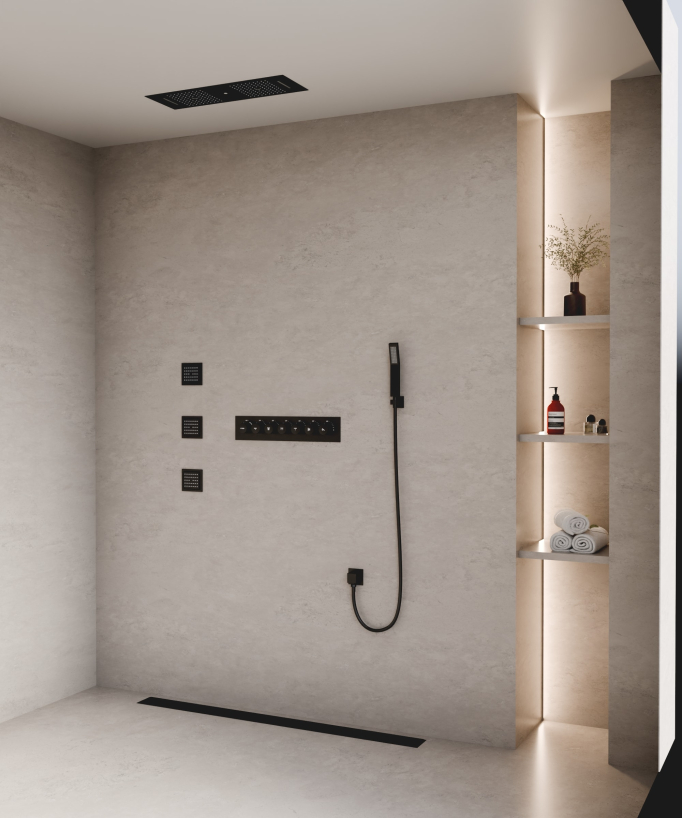 Ensemble douche thermostatique moderne Noir - Ciel de pluie LED 900x300 mm, 3 jets de corps