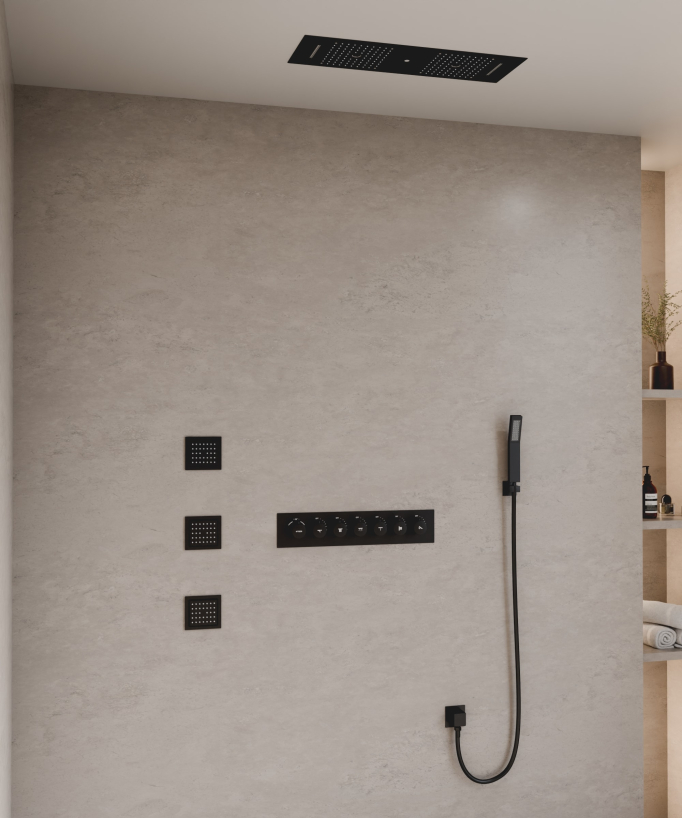 Ensemble douche thermostatique moderne Noir - Ciel de pluie LED 900x300 mm, 3 jets de corps
