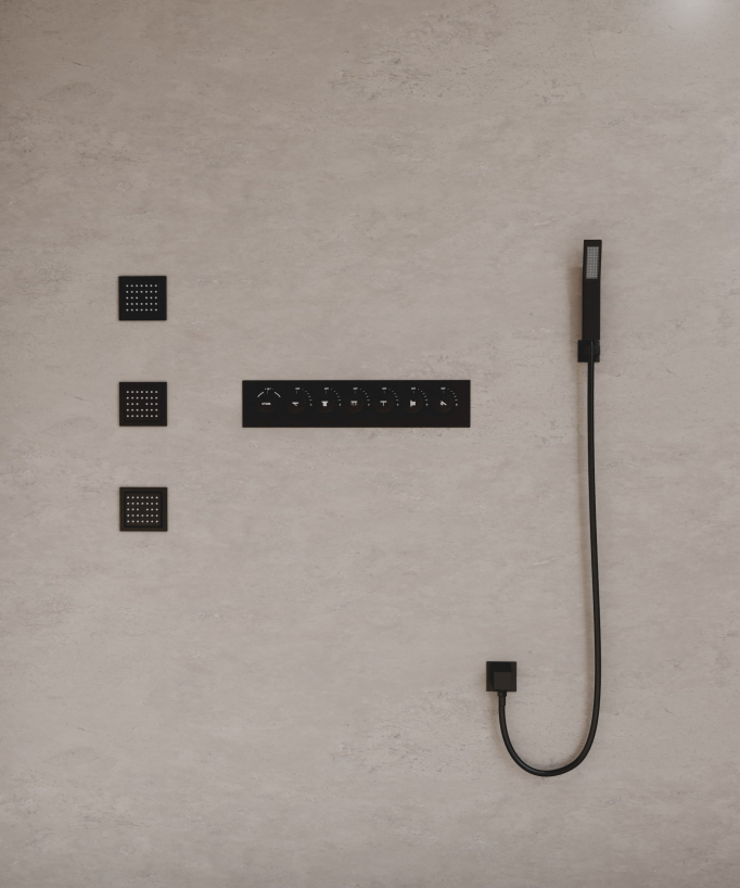 Ensemble douche thermostatique moderne Noir - Ciel de pluie LED 900x300 mm, 3 jets de corps