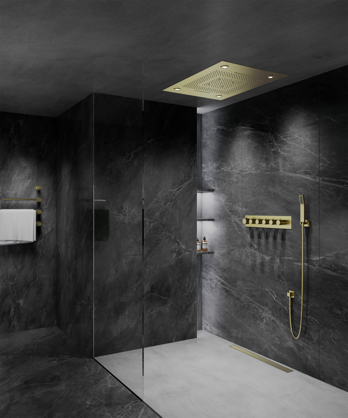 Composition de douche thermostatique avec ciel de pluie LED et chromothérapie - 80x60 cm - Doré brossé