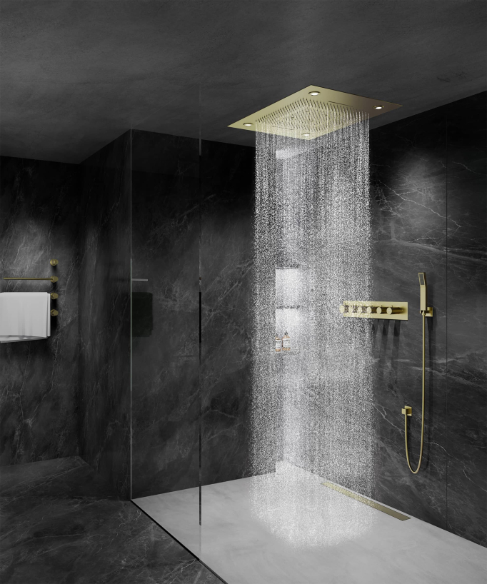 Composition de douche thermostatique avec ciel de pluie LED et chromothérapie - 80x60 cm - Doré brossé